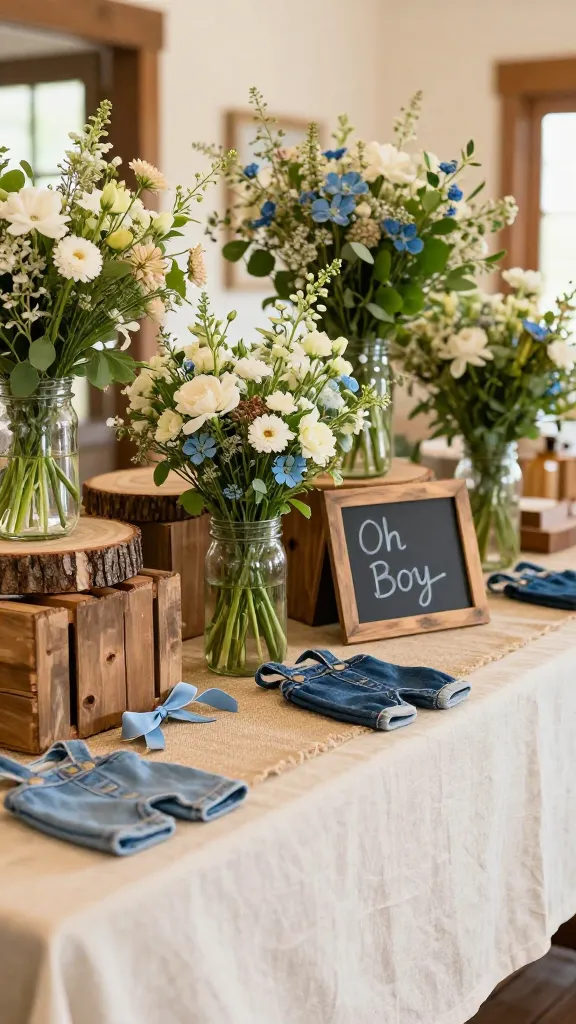 A high-quality, realistic photograph of a rustic "Oh Boy" baby shower dessert table, bathed in soft, warm natural light. The long wooden table is draped with a creamy ivory linen tablecloth and topped with a textured burlap runner. Several mason jars of various sizes are artfully arranged, overflowing with a charming mix of fresh-looking wildflowers and realistic silk flowers in shades of creamy white, soft denim blue, and vibrant green foliage. Rustic wooden crates and thick slices of tree trunk serve as elevated display stands. A small, blank DIY chalkboard sign with a subtly aged wooden frame leans against a rustic wooden block. Scattered around are delicate touches of denim blue fabric, perhaps as small folded napkins or ribbons, alongside a tiny pair of folded denim baby overalls. The scene exudes a cozy, homespun, and inviting atmosphere, with a focus on natural textures and a country-chic aesthetic. In the softly blurred background, hints of a warm, inviting indoor space with wooden accents enhance the rustic charm. No text on images.