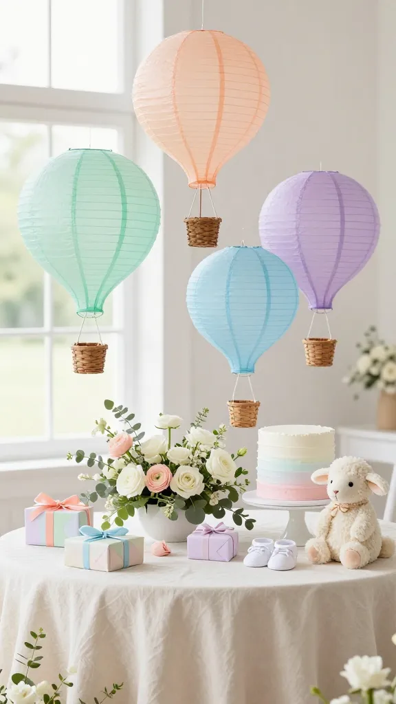 A high-quality, realistic photo of a whimsical spring baby shower dessert table, bathed in soft, natural daylight. The centerpiece features several DIY hot air balloons in varying sizes and heights, crafted from delicate paper lanterns in soft pastel shades of mint green, peach, light blue, and lavender. Each balloon has a miniature woven brown basket suspended beneath it. The table is draped with a flowing cream linen tablecloth and adorned with delicate floral arrangements featuring white roses, light pink ranunculus, and sprigs of eucalyptus. Scattered around are small, beautifully wrapped baby gifts in coordinating pastel papers, a pair of tiny white baby booties, and a plush cream-colored lamb. A simple, elegant white cake with subtle pastel ombré frosting sits gracefully on a pedestal. The overall atmosphere is joyful, sophisticated, and airy, with a shallow depth of field gently blurring a bright, inviting background.