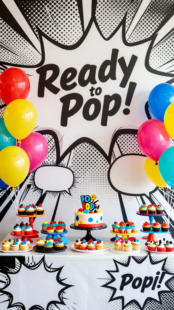 A high-quality, realistic photo capturing a vibrant and modern "Ready to Pop!" themed baby shower dessert table. The scene is dominated by a bold pop art aesthetic, featuring a dynamic backdrop with large black and white comic book halftone dots or strong graphic lines. On a brightly decorated table, an array of desserts, including cupcakes and a central cake, are adorned with primary colored icing and stylized pop art elements. Clusters of helium balloons in bright red, yellow, and blue, accented with a few hot pink and teal balloons, are strategically placed around the display. Throughout the decor, graphic cardstock speech bubbles with thick black outlines and white interiors are dynamically arranged, visually mimicking comic book sound effects and phrases, adding to the playful, energetic atmosphere. The lighting is bright and even, highlighting the bold primary colors and high-contrast black and white elements. No text is present on the image.