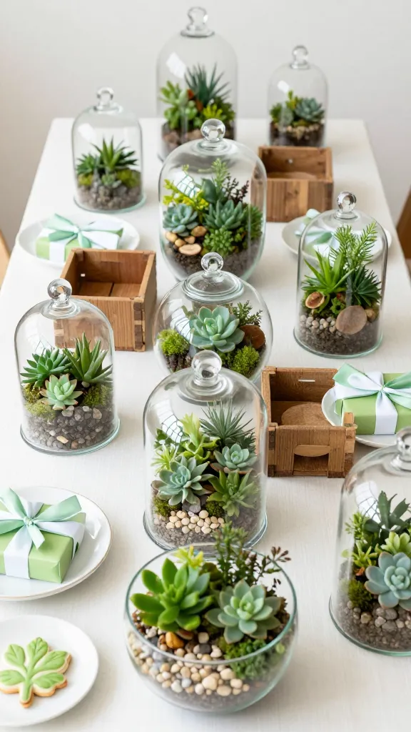 A high-quality, realistic photo of a beautifully styled Spring baby shower table, centered around a "Little Sprout" terrarium and greenhouse theme. The table is adorned with an artful collection of clear glass containers, including cloches, jars, and open bowls, each meticulously crafted into miniature terrariums featuring vibrant green succulents, soft moss, and natural pebbles. Scattered among these botanical arrangements are rustic wooden crates and slices, providing earthy brown accents. The scene includes subtle baby shower elements like small, elegantly wrapped favors in green and white, and a delicate white ceramic plate with a single, non-textual, leaf-sprout-shaped cookie. The dominant color palette is a harmonious blend of various shades of green, natural earthy browns, and the transparency of clear glass, with minimal white touches. Soft, diffused natural light bathes the setup, creating a serene, organic, and inviting atmosphere. No text.