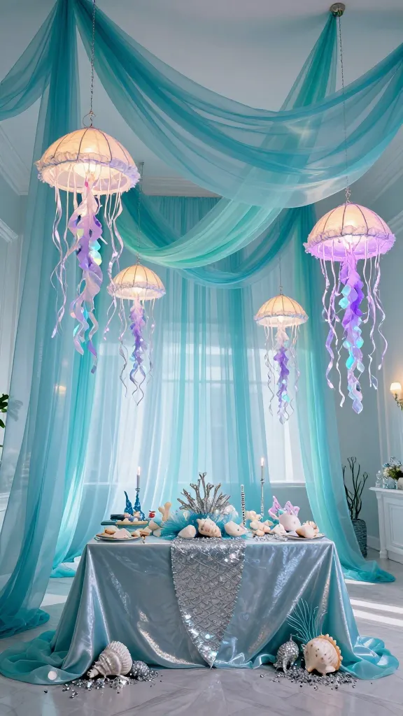 A high-angle, wide shot of an exquisitely decorated indoor baby shower setting, transformed into a magical "Under the Sea" Mermaid Lagoon. The room is bathed in the soft glow of aqua blue, seafoam green, iridescent purple, and shimmering silver. Delicate sheer fabrics in varying shades of aqua blue and seafoam green are gracefully draped from the ceiling, mimicking gentle ocean waves and creating a dreamy canopy. Several DIY jellyfish lanterns, crafted from paper lanterns adorned with long, iridescent purple and silver streamers, hang at different heights, casting a soft, enchanting light. On a central, elegantly draped table (for gifts or desserts), real seashells are artfully scattered amongst shimmering silver accents and iridescent decor, clearly indicating a celebration for a new baby. The overall atmosphere is sophisticated, captivating, and ethereal, with natural light subtly filtering in to enhance the shimmering details. No text.