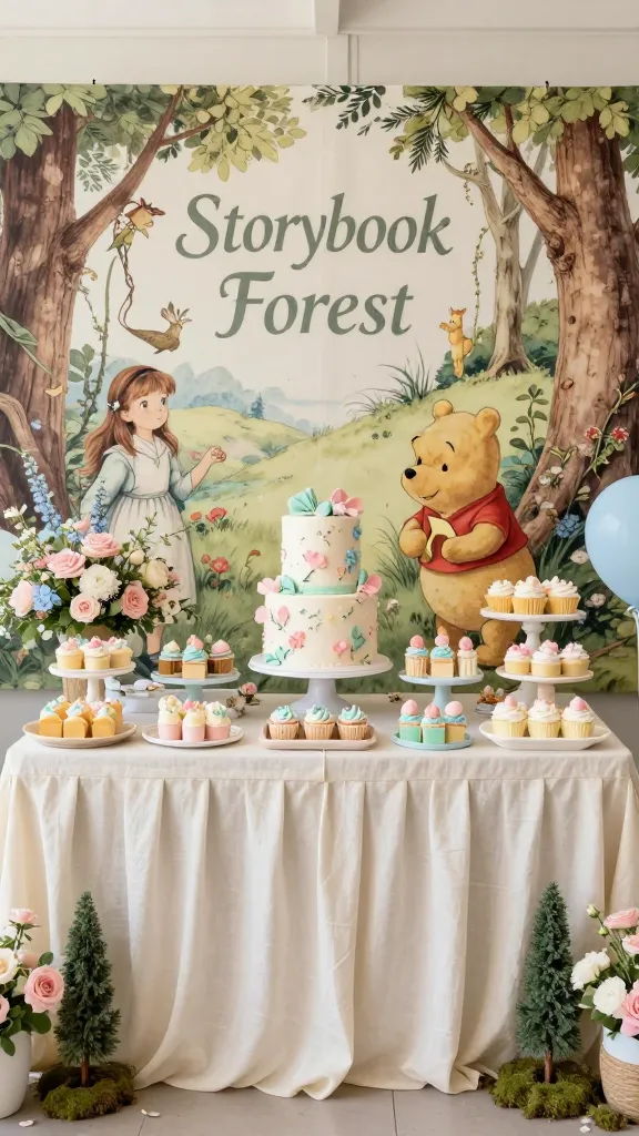 A high-quality, realistic photograph of an exquisitely decorated "Storybook Forest" themed baby shower. The scene centers around a charming dessert table, elegantly draped in creamy ivory and pastel linen, laden with an array of delicate, pastel-colored treats and a beautifully adorned multi-tiered cake. Behind the table, a prominent backdrop features enlarged, vintage-style illustrations from classic children's books (like Beatrix Potter or Winnie the Pooh), creating a whimsical and nostalgic focal point. The color palette is dominated by soft blush pinks, mint greens, sky blues, creamy ivory, and muted earthy tones, evident in the floral arrangements, decorative elements, and subtle accents like miniature faux trees and moss. Soft, diffused natural light bathes the entire setting, enhancing the magical, fairy-tale atmosphere and highlighting the sweet, utterly charming details. The composition is bright, inviting, and captures the unique elegance of a spring baby shower.