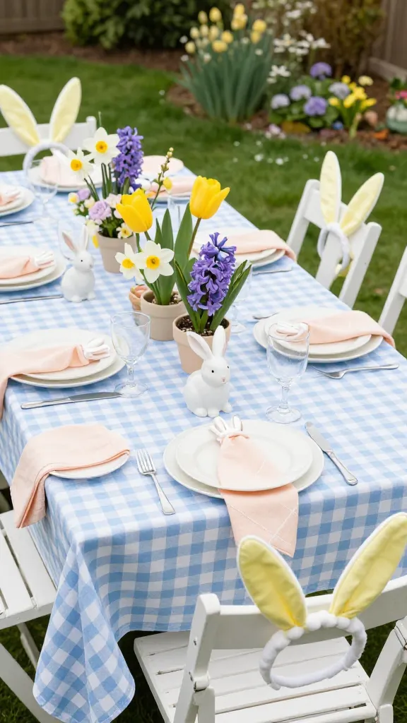 A high-angle, ultra-realistic photograph of a beautifully styled outdoor baby shower table set in a lush spring garden patio. The long table is covered with a soft sky blue and white gingham tablecloth, adorned with crisp white plates, pastel peach linen napkins, and delicate white ceramic bunny figurines. Centerpieces feature an array of small potted spring flowers like vibrant yellow tulips, fragrant purple hyacinths, and white daffodils. Each white garden chair is decorated with a playful DIY pastel yellow fabric bunny ear headband tied to its back. The scene is bathed in soft, natural daylight, highlighting the bright pastel color palette of lemon, lilac, sky blue, peach, crisp white, and fresh green, creating a cheerful, elegant, and utterly delightful 'Bunny Hop' Easter-esque garden atmosphere. No text on image.