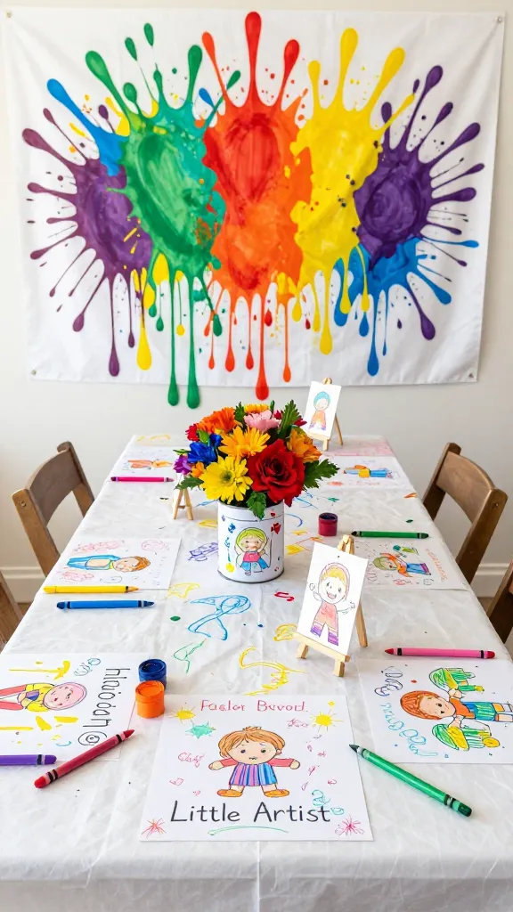 A high-angle, wide shot of a vibrant "Little Artist" themed baby shower table setup, bursting with energetic colors against a clean white base. A crisp white butcher paper table runner is covered with playful, colorful drawings and heartfelt messages from guests, with scattered bright crayons and markers. The table is adorned with art-inspired decor like miniature paint cans holding cheerful floral arrangements and small easels displaying baby-themed art. In the background, a dynamic splatter paint effect backdrop in a full spectrum of bold colors (red, blue, yellow, green, orange, purple) creates an imaginative focal point. The scene is bathed in bright, natural light, showcasing sharp details and rich textures, conveying a joyful and personalized celebration.