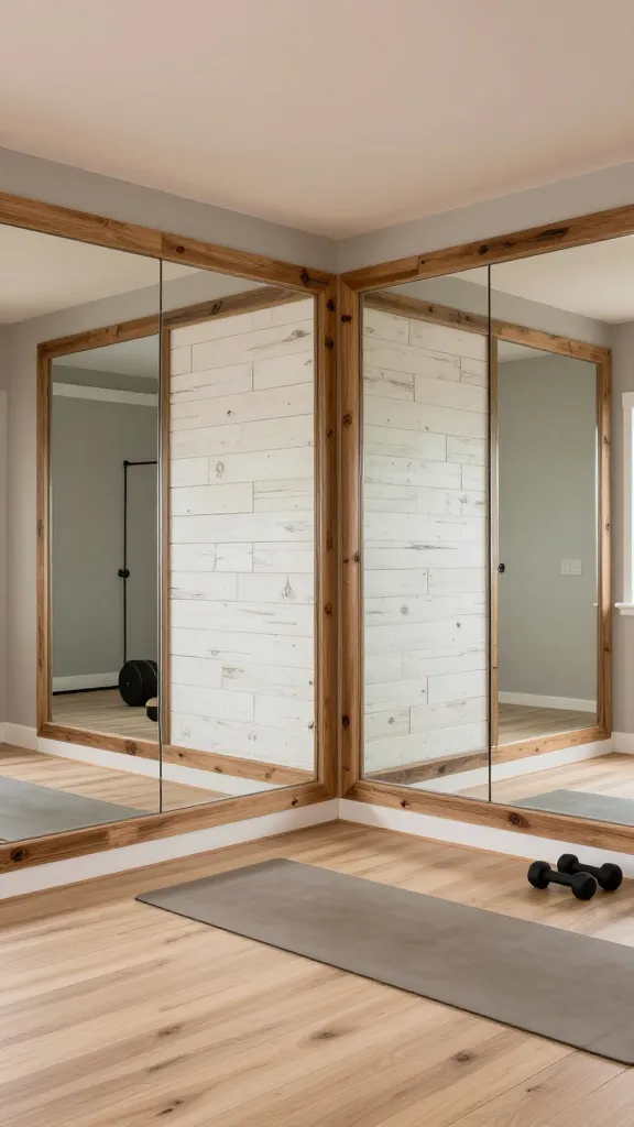A high-quality, realistic photograph capturing a rustic farmhouse home gym. The focal point is a DIY mirror wall composed of multiple large, frameless panels extending from floor to ceiling, strategically placed to maximize light and reflect the room's textures, making the space feel significantly larger. Directly opposite and beautifully reflected in the mirrors is a prominent feature wall clad in distressed white shiplap planks. The remaining walls are painted a soft, inviting greige, complementing the natural wood tones. The room features a light-colored, wide-plank wood floor. A minimalist yoga mat in a neutral tone and a small set of matte black dumbbells are neatly arranged, blending seamlessly into the cozy yet functional aesthetic. Warm, diffused natural light illuminates the space, highlighting the tactile qualities of the wood and creating an inviting, serene atmosphere.