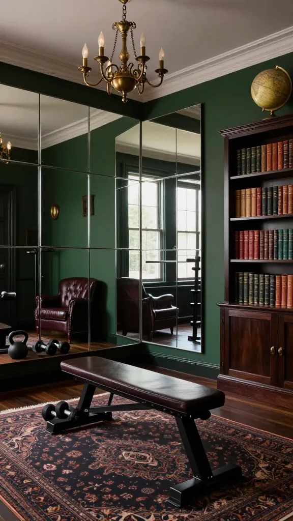 A high-quality, realistic interior photograph capturing a sophisticated Dark Academia home gym, designed as a 'Power Den'. The walls are painted a deep, moody forest green. A prominent DIY mirror wall, composed of multiple large, rectangular mirrors seamlessly joined, spans a significant portion of the main wall, effectively reflecting light and expanding the perception of space. In front of the mirror wall, a sleek dark wood weight bench is positioned, accompanied by a small set of matte black dumbbells and a kettlebell neatly arranged on a dark wood tray. Adjacent to the workout area, a tall, dark wood barrister bookshelf is filled with classic leather-bound books and a vintage globe, enhancing the library aesthetic. Rich textures are introduced through a dark burgundy leather armchair in a corner and a deep pile Persian rug on the polished dark wood floor. Atmospheric lighting from a vintage brass chandelier and subtle recessed lights illuminates the space, highlighting the elegant interplay of deep colors and reflective surfaces. The overall ambiance is one of focused power and classic intellectualism. Wide shot, no text.