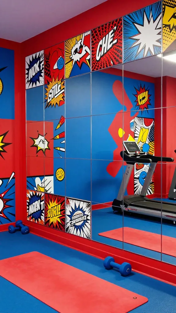 A high-energy home gym designed in a playful pop art style, captured in a high-resolution, wide-angle photograph. The dominant feature is a large DIY mirror wall, composed of multiple individual square mirrors arranged to form a seamless reflective surface. This mirror wall brilliantly reflects the room's vibrant red and electric blue painted walls, which are adorned with bold, graphic pop art prints in the style of Roy Lichtenstein, featuring dynamic comic book-style panels and iconic pop art motifs. The bright red and electric blue colors create a striking contrast, amplified by the mirror's reflections, making the space feel larger and more energetic. Sleek, modern gym equipment like a bright red yoga mat, electric blue dumbbells, and a minimalist treadmill are neatly arranged, complementing the vibrant aesthetic. The lighting is bright and even, enhancing the saturated colors and creating a lively, fun atmosphere. Realistic textures, sharp focus, no text on images.