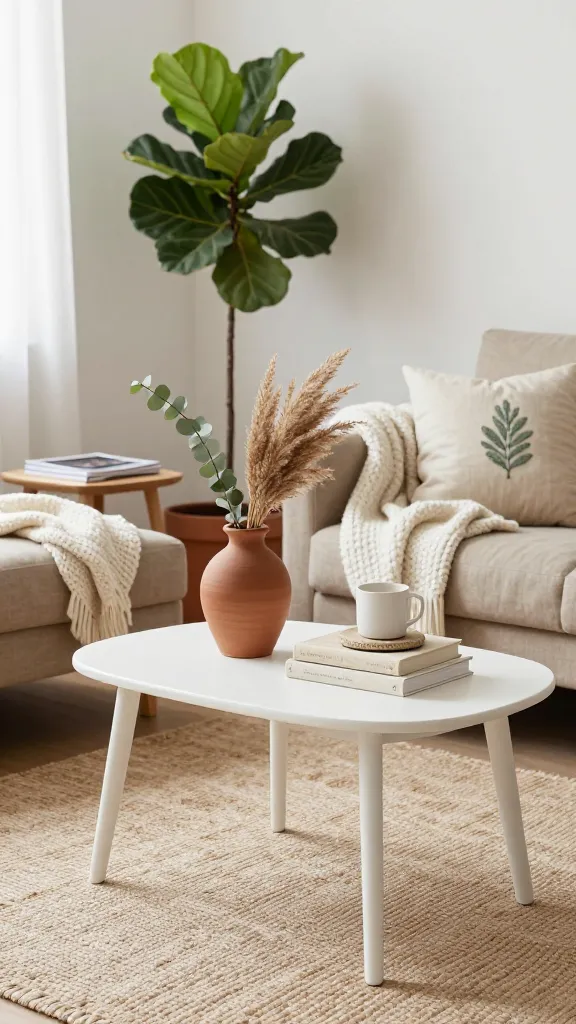 A high-quality, realistic photograph capturing a serene Scandi-Boho living room corner bathed in soft, diffused natural light. The focal point is a simple IKEA coffee table (LACK or VITTSJÖ style, painted crisp white), artfully styled with a handcrafted terracotta vase holding dried pampas grass and eucalyptus, a stack of cream-colored linen-bound design books, and a textured ceramic coaster with a minimalist white mug. Surrounding the table, a plush, low-slung sofa upholstered in oatmeal-colored linen is adorned with a chunky off-white knit throw and a decorative pillow featuring subtle sage green embroidery. The floor is covered by a large, natural jute rug in a light beige hue. In the background, a tall, vibrant fiddle-leaf fig tree in a terracotta pot adds a touch of greenery against a clean white wall, complemented by a minimalist wooden side table with a few magazines. The overall color palette features soft whites, creams, oatmeal beiges, terracotta, and sage green, emphasizing natural wood finishes and rich textures, creating an effortlessly chic, warm, and inviting sanctuary. Professional interior photography, no text.