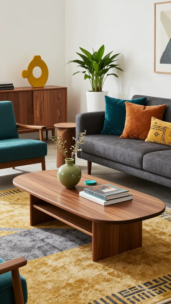 A high-quality, realistic, eye-level photograph of a sophisticated Mid-Century Modern living room. The focal point is a sleek, low-slung IKEA TOFTERYD coffee table in a warm walnut effect finish, centrally placed on a plush area rug featuring a subtle geometric pattern in charcoal grey and mustard yellow. On the coffee table, a single avocado green ceramic vase holds minimalistic dried botanicals, alongside a stack of design books and a small teal coaster. Behind it, a low-slung charcoal grey sofa is accented with throw pillows in teal velvet, burnt orange textured fabric, and a mustard yellow pillow with a geometric embroidery. To the side, a teak-framed armchair upholstered in rich teal fabric sits next to a walnut side table. In the background, a walnut credenza displays an abstract mustard yellow sculpture and a vibrant green plant in a crisp white planter. Natural light softly illuminates the space, highlighting the vibrant yet refined color palette of teal, mustard yellow, avocado green, and burnt orange against the warm walnut and teak wood tones. The walls are a crisp white, enhancing the cool, classic, and timeless elegance with a contemporary geometric flair. No text on image.