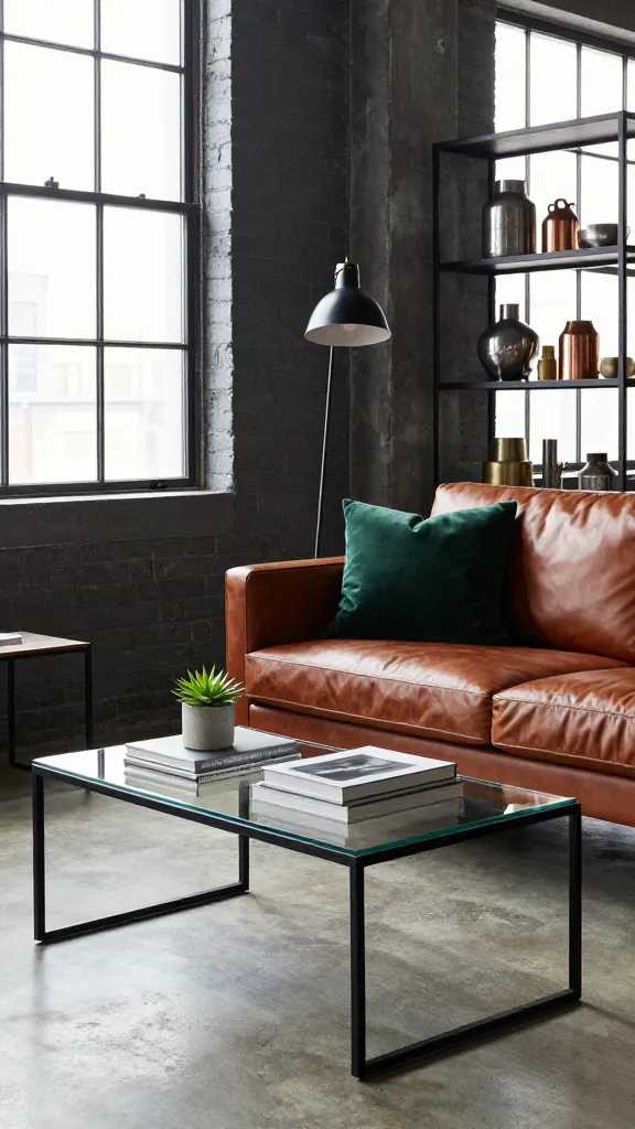 A high-quality, realistic photograph of an industrial chic loft living room, bathed in natural light from large, black-framed windows. In the foreground, an IKEA VITTSJÖ coffee table with its sleek black metal frame and clear glass top is impeccably styled with a stack of minimalist design books and a small concrete planter holding a vibrant green succulent. The coffee table is positioned in front of a deep, rich leather brown sofa, accented with a single deep forest green velvet throw pillow. The backdrop features a prominent exposed dark gray brick wall, while the floor is polished concrete. A tall, black industrial-style floor lamp with subtle brass accents stands beside the sofa. Open metal shelving units display a curated collection of metallic decor in steel and copper. The scene conveys a rugged yet refined aesthetic, with a cool, urban vibe dominated by grays, black, white, rich leather brown, deep forest green, and various metallic accents.