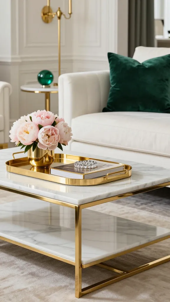A high-resolution, professional photograph capturing a glamorous living room corner. The focal point is an IKEA VITTSJÖ coffee table, featuring a sleek gold-finished metal frame and a luxurious, veined white marble top. On the table, a delicate gold tray holds a small, artfully arranged bouquet of blush pink peonies, a high-end coffee table book with a gold-foiled spine, and a sparkling crystal coaster. Adjacent to the table, a plush, crisp white velvet armchair is adorned with an emerald green velvet throw pillow. The background reveals a subtle, elegant white wall with a sophisticated brass wall sconce and a glimpse of a marble-topped side table with a gold base, holding a small, reflective emerald green decorative object. The room is softly lit, emphasizing the abundant gold and brass accents and reflective surfaces, creating an opulent, sophisticated, and inviting atmosphere. Realistic, no text.