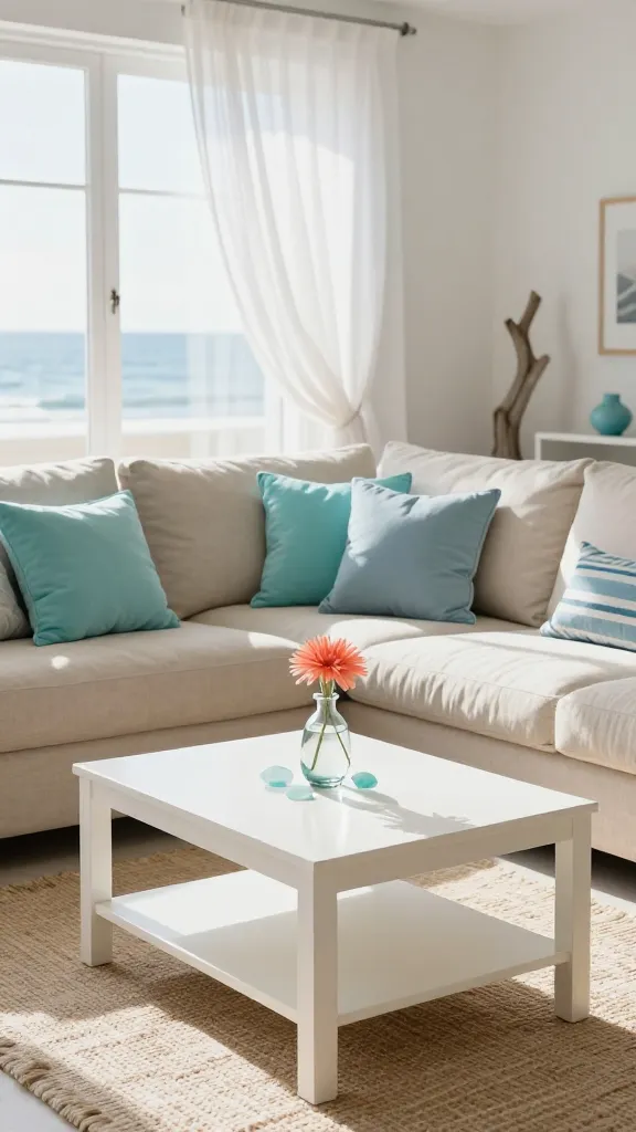 A realistic, high-definition photograph of a serene coastal retreat living room, bathed in abundant natural light. The focal point is a pristine white IKEA LACK coffee table, elegantly styled with a small, clear glass vase holding a single delicate coral-colored flower and a few smooth, light blue sea glass pieces. Surrounding the coffee table is a plush, low-profile sofa upholstered in a soft, sandy beige linen, adorned with an assortment of throw pillows in varying shades of aqua, sky blue, and a subtle navy blue stripe. A textured, natural jute rug in a light beige grounds the arrangement. In the background, sheer white curtains gently billow from a large window, allowing sunlight to flood the space. Subtle accents of driftwood gray are present in a decorative object or a picture frame on a nearby wall. The overall atmosphere is light, airy, and utterly refreshing, embodying a calming seaside essence. No text.