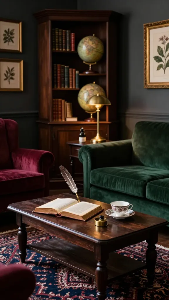 A high-quality, realistic photograph capturing a sophisticated Dark Academia den, bathed in warm, moody lighting. Centered in the foreground is a dark-stained IKEA HEMNES coffee table, impeccably styled with an open vintage leather-bound book, a brass inkwell with a quill pen, and a delicate teacup resting on a small, ornate saucer. Partially visible around the table are elements of a rich burgundy velvet armchair and a deep forest green upholstered sofa. In the mid-ground, a towering dark wood bookcase is filled with a curated collection of antique books, a vintage globe, and a subtly glowing brass desk lamp. The walls are a deep charcoal grey, adorned with framed botanical prints in antique gold frames. The floor is covered by a muted navy blue and burgundy Persian rug, adding to the room's intellectual charm and character. The scene evokes a sense of deep thought and historical elegance. No text.