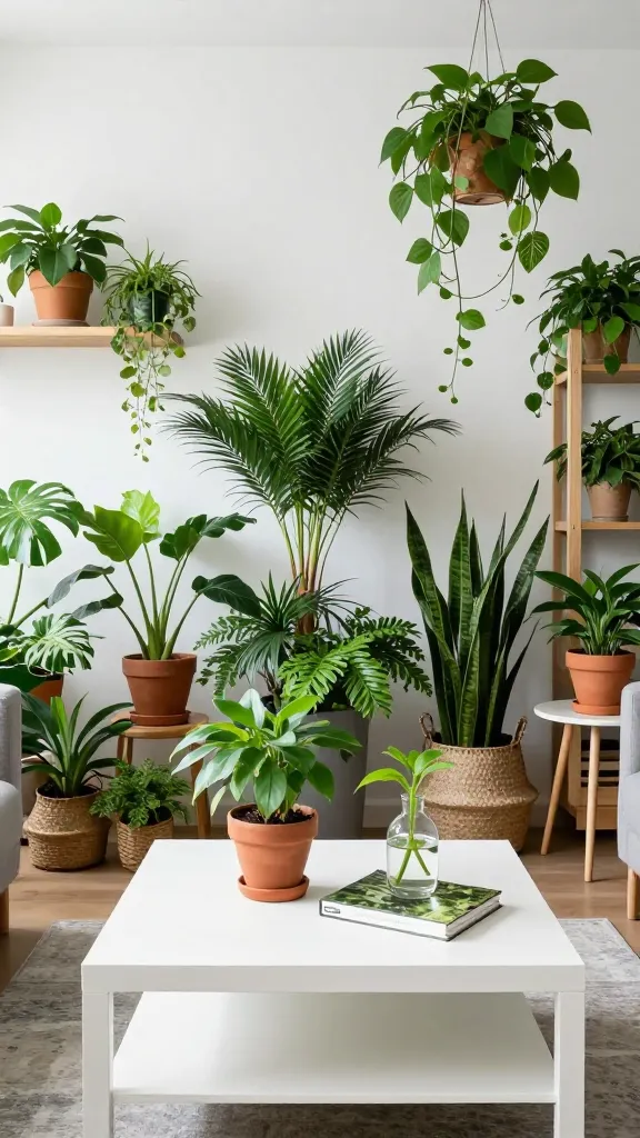 A high-quality, realistic, and inviting photograph of a living room styled as an urban jungle oasis. A minimalist white IKEA LACK coffee table is centered, serving as the base for a vibrant botanical display. On the table, a small terracotta pot holds a lush emerald green plant, accompanied by a clear glass vase with a propagating cutting, and a nature-inspired coffee table book. The room is densely populated with a diverse array of plants, ranging from tall, leafy floor plants in natural woven baskets to smaller potted varieties on wooden shelves and a minimalist side table, with some plants elegantly hanging from the ceiling. The color palette is dominated by various shades of green, from lime to deep forest, complemented by crisp white walls, natural wood accents, and earthy terracotta tones. Bright, diffused natural light streams into the space, highlighting the fresh and invigorating atmosphere. The overall scene feels vibrant, connected to nature, and thoughtfully curated. No text.