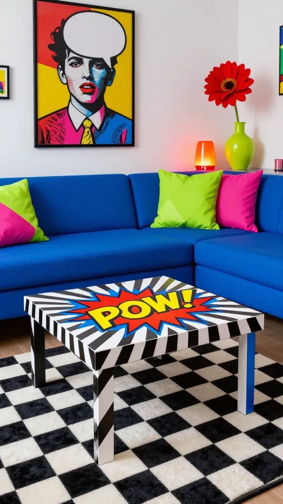 A high-quality, professional photograph of a vibrant, playful pop art living room. The focal point is a simple, rectangular IKEA LACK coffee table, boldly transformed with a high-contrast graphic vinyl wrap featuring a dynamic comic book-style "POW!" explosion in primary colors (bright red, electric yellow, royal blue) against a black and white striped background. The table is surrounded by a low-slung, modular sofa in a vivid electric blue, adorned with throw pillows in hot pink and lime green geometric patterns. On the wall behind, a large framed pop art print depicts an iconic figure with a speech bubble in a bold, graphic style. The room features a black and white checkerboard rug. Neon accents are subtly integrated through a small, sculptural lamp with an orange glow and a lime green ceramic vase holding a single, oversized red artificial flower. The overall lighting is bright and energetic, creating an inviting, lively atmosphere. No text on image.