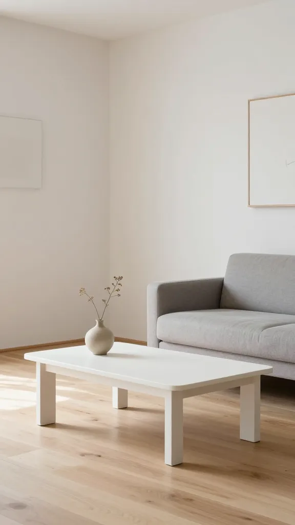 A high-quality, realistic photograph showcasing a minimalist Zen sanctuary living space. The central focus is a pristine, matte white IKEA LACK coffee table, impeccably clean-lined and positioned on light natural birch wood flooring. Its surface is uncluttered, featuring only a single, small, artisanal ceramic vase in a muted beige, holding one delicate, dried botanical stem. An inviting, low-profile armchair upholstered in a soft gray fabric sits adjacent to the table. The walls are a smooth, matte warm white, providing a serene backdrop. Soft, diffused natural light streams into the room, creating gentle shadows and an atmosphere of tranquility. A subtle black accent is incorporated through the slender frame of a minimalist abstract art piece on the wall. The overall aesthetic emphasizes clean lines, spaciousness, and a calming palette of warm whites, soft grays, muted beiges, and natural wood tones, evoking peace and restorative calm.