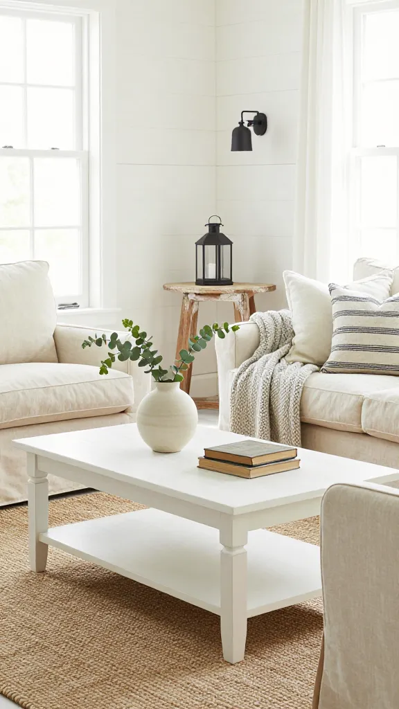 A high-quality, realistic photograph capturing a cozy and inviting modern farmhouse living room. The focal point is an IKEA HEMNES coffee table in a crisp white stain, positioned centrally on a textured natural jute rug. On the coffee table, a simple off-white ceramic vase holds a few fresh eucalyptus branches, accompanied by a small stack of subtly distressed vintage-look books. Surrounding the coffee table are comfortable, slipcovered armchairs and a sofa in soft cream linen, adorned with a chunky knit throw blanket in light gray and a couple of accent pillows featuring a subtle black stripe pattern. In the background, a crisp white shiplap accent wall enhances the farmhouse aesthetic, complemented by a minimalist black metal wall sconce. A distressed natural wood side table sits nearby, holding a simple black metal lantern. Abundant natural light streams into the room from a large window, illuminating the space with a warm, authentic glow. The overall color palette is dominated by crisp whites, creams, soft grays, natural distressed wood tones, and subtle black metal accents, creating a warm, welcoming, and stylish atmosphere.
