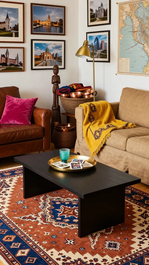A high-quality, realistic photograph capturing an eclectic global traveler living room. A simple, low-profile IKEA LACK coffee table, in a neutral tone like black or dark brown, sits centrally, acting as a grounding element. On its surface, a small, hammered gold tray holds a few vintage postcards and a delicate turquoise glass votive. The space around it is a vibrant tapestry of textures and patterns: a plush fuchsia velvet cushion rests on a deep brown leather armchair, while a saffron-yellow embroidered throw drapes over a sand-colored linen sofa. The floor is layered with a richly patterned Moroccan rug in terracotta, cream, and deep blue, partially covered by a smaller, intricately woven kilim. Walls are adorned with framed travel photography and antique maps. Various artifacts from different cultures are strategically placed: a carved wooden statue, a collection of metallic copper bowls, and a large woven basket filled with textiles. Soft, warm lighting from a brass floor lamp illuminates the scene, highlighting the rich jewel tones and earthy neutrals, creating a layered, story-filled environment that feels utterly unique. No text.