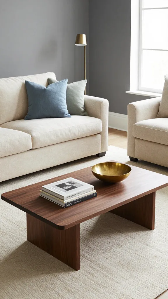 A high-angle, realistic photograph of a sophisticated living room embodying transitional elegance and understated luxury. In the center, a dark walnut-stained IKEA HEMNES coffee table with refined, clean lines, subtly styled with a stack of curated art books and a simple antique brass decorative bowl. The room features greige walls and a plush, cream-colored sofa with refined tailoring. Accent pillows in soft blue and muted sage green linen fabrics add a touch of color and texture. A textural off-white area rug grounds the space. A modern floor lamp with a brushed nickel finish stands beside the sofa, offering soft ambient light. Natural light softly illuminates the room through a large window, highlighting the high-quality finishes and creating a serene, inviting atmosphere. No text on image.