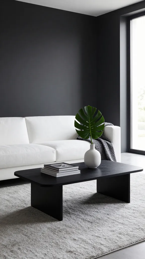 A high-quality, realistic photograph of a modern living room designed in a striking monochrome palette with bold contrasts. The focal point is a sleek, black IKEA LACK coffee table, positioned centrally on a plush, light gray shag rug. A crisp white, low-profile modular sofa with clean lines sits opposite a dark charcoal gray accent wall. On the coffee table, a stack of black and white art books is subtly placed next to a minimalist white ceramic vase holding a single, deep forest green monstera leaf. A textured black and white woven throw blanket is draped artfully over one arm of the sofa, adding depth. The room features strong geometric shapes, varying textures like smooth polished surfaces, soft textiles, and matte walls, all contributing to a sophisticated and dramatic atmosphere. Natural light streams in from a large window, highlighting the clean lines and creating subtle shadows. The overall aesthetic is chic, modern, and uncluttered.