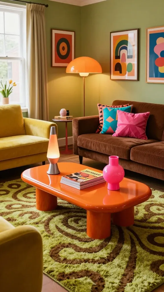 A high-quality, realistic interior photograph capturing a vibrant 'Retro Revival with a Touch of Kitsch' living room. The focal point is a low-slung IKEA KLUBBO coffee table with its distinctive rounded edges, rendered in a bold, glossy burnt orange finish. It rests centrally on a plush, shaggy area rug featuring a subtle, swirling psychedelic pattern in avocado green and chocolate brown. Surrounding the coffee table are a pair of comfortable, low-slung armchairs upholstered in a mustard yellow velvet, and a two-seater sofa in a rich chocolate brown corduroy. Throw pillows on the sofa display quirky geometric patterns and bright pops of fuchsia pink and electric turquoise, adding to the playful spirit. On the coffee table, a vintage-style lava lamp emits a soft, warm glow, alongside a stack of retro design magazines and a unique, sculptural ceramic vase in a contrasting bright pink. The walls are a muted avocado green, adorned with framed, bold graphic art prints reminiscent of 70s album covers. A large, oversized floor lamp with a mushroom-shaped shade casts additional warm light. The overall atmosphere is fun, funky, and full of personality, blending nostalgic charm with a modern sensibility. Professional interior photography, wide-angle shot, natural light streaming from a large window, sharp focus.