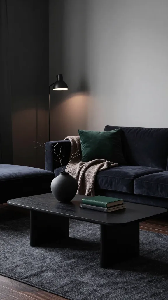 A high-quality, realistic photograph of a sophisticated Scandi-Noir living room interior, captured with a slightly low-key lighting approach. The central focus is a sleek, minimalist black IKEA-style coffee table (resembling a LACK or TOFTERYD) positioned on a subtly textured charcoal gray area rug. On the table, a dark, matte ceramic vase holds a single, sculptural dried branch, alongside a small stack of deep forest green and black hardbound books, contributing to the rich textures. The room exudes a dramatic yet cozy atmosphere, illuminated by soft, diffused light that highlights the deep tones and luxurious materials. A low-slung sofa in a dark navy blue velvet sits behind the coffee table, adorned with a chunky knit throw in a muted taupe and a decorative cushion in a deep forest green. One wall is painted in a striking charcoal gray, offering a moody backdrop, while an adjacent wall features a crisp white, providing a sharp contrast. Dark brown wooden floorboards peek out from under the rug. A strategically placed black metal floor lamp emits a warm, inviting glow, casting gentle shadows that enhance the room's mysterious edge. The overall aesthetic is clean-lined, functional, and deeply elegant, embodying a hygge comfort with a dramatic, sophisticated twist.