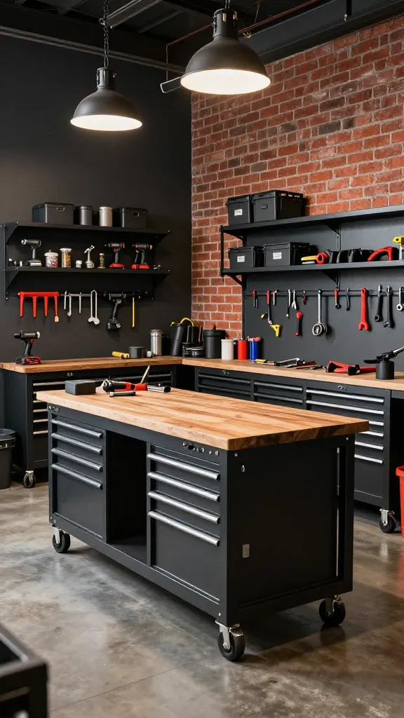 High-quality, realistic photograph of an industrial chic garage workshop. The walls are painted a deep charcoal gray, with a prominent accent wall featuring exposed red brick paneling. A sturdy, dark metal workbench with a thick, warm butcher block top dominates the center, surrounded by meticulously organized tools. Heavy-duty matte black metal shelving units with open backs are neatly arranged on either side, filled with power tools, hand tools, and labeled storage bins. An industrial-style rolling tool cabinet, also in matte black, is tucked beneath the workbench. Overhead, industrial pendant lights cast a warm, functional glow over the polished concrete floor. The space exudes a stylish, functional aesthetic, resembling a trendy loft apartment workspace with exceptional tool organization. No text.
