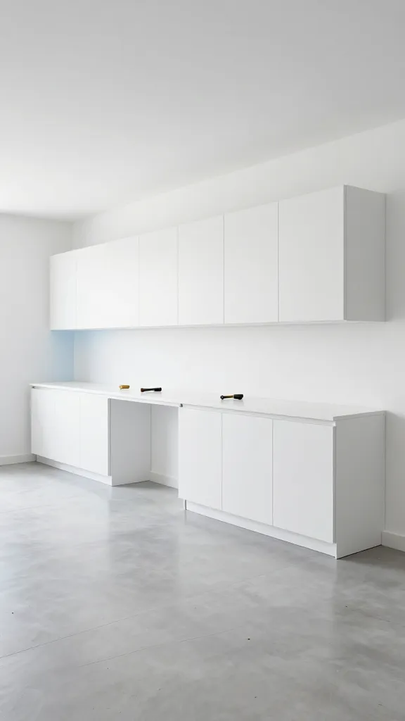 A high-quality, realistic photograph capturing a minimalist modern garage interior. The space features crisp white walls and ceiling, complemented by a pristine, light gray polished concrete floor. Along the main wall, a seamless run of sleek, handle-less closed cabinetry extends, providing ample hidden storage for tools and equipment. An integrated workbench, also handle-less, is built into this cabinetry, featuring discreet drawer systems. The workbench surface is impeccably clean and clear, with only one or two essential, neatly arranged hand tools subtly indicating its function. A subtle pop of sky blue is visible, perhaps as an interior accent color when a cabinet door is slightly ajar or a small, perfectly placed item on the workbench. The overall environment is serene, highly efficient, and utterly uncluttered, emphasizing clean lines and a calm atmosphere. Bright, even lighting illuminates the space, highlighting its pristine condition. No text or logos.