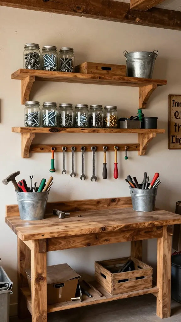 A high-resolution, realistic photo capturing a warm and inviting rustic farmhouse garage interior, centered on a meticulously organized workbench and shelving system. The walls are painted a distressed off-white or light beige, providing a soft, cozy backdrop. A sturdy, vintage-inspired workbench, crafted from rich, visible-grain natural wood, dominates the foreground. Above it, custom-built open shelving made from thick, reclaimed wood planks with authentic imperfections displays an array of neatly arranged tools. Mason jars filled with sorted fasteners like screws and nails are lined up alongside old, slightly weathered galvanized metal buckets holding various hand tools such as wrenches, screwdrivers, and small hammers. Subtle accents of barn red and forest green appear on tool handles, a small storage crate, or a vintage sign on the wall. Soft, natural light illuminates the scene, highlighting the textures of the wood and metal, creating a functional yet charming workspace. No text on image.