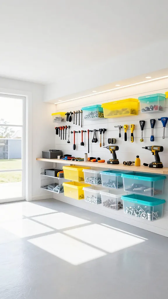 A bright, airy, and impeccably organized garage interior, flooded with natural light streaming in from a large window on the left. The space features brilliant white painted walls and ceiling that maximize light reflection, paired with a pristine, light gray epoxy floor. A prominent wall-mounted slatwall system spans the back wall, meticulously arranged with various tools. Hand tools, power tools, and accessories are neatly hung or placed in a mix of clear and translucent storage bins. Some of these bins feature vibrant sunny yellow and aqua blue lids or labels, adding cheerful pops of color. The clear bins reveal neatly organized smaller items like screws, nuts, and bolts. Recessed LED lighting in the ceiling and under-cabinet strip lighting illuminate a clean, light-colored workbench area, highlighting the tools and workspace. The overall impression is an uplifting, invigorating, and highly functional 'oasis' for tool organization. High-resolution photograph, wide-angle shot, sharp focus, naturalistic lighting, no text on image.