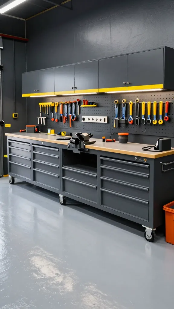 A high-quality, realistic photo showcasing a professional, heavy-duty garage workshop, meticulously organized for efficiency. The industrial walls are painted a deep dark gray, contrasted by a high-gloss light gray epoxy floor that reflects the bright overhead lighting. Dominating the space are robust, heavy-gauge dark gray steel cabinets with visible locking drawers, each neatly housing specialized tools. A sturdy workbench, equipped with a prominent integrated vise and a practical power strip, serves as a central hub, with professional tools precisely arranged on its surface and on adjacent pegboards. Bright yellow and orange accents are strategically incorporated on tool handles, safety markings, and cabinet trim, emphasizing safety and visibility. The scene conveys ultimate durability, performance, and impeccable tool organization, ready for demanding tasks.