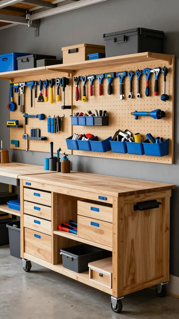 A high-quality, realistic photo capturing a meticulously organized DIY enthusiast's garage workshop. Extensive pegboard walls dominate the background, densely covered with a wide array of neatly hung tools on hooks and small bins filled with hardware. The color palette features warm natural wood tones from custom-built shelving and a robust mobile workbench, complemented by practical medium-tone gray walls and storage units. Vibrant electric blue accents subtly appear on tool handles and drawer labels, adding a dynamic pop of color. In the foreground, a custom-built mobile workbench on heavy-duty casters stands, featuring integrated storage drawers and open shelves filled with project materials. The workshop is brightly lit, showcasing its functional design and inviting atmosphere, with every item perfectly in its place. No text.
