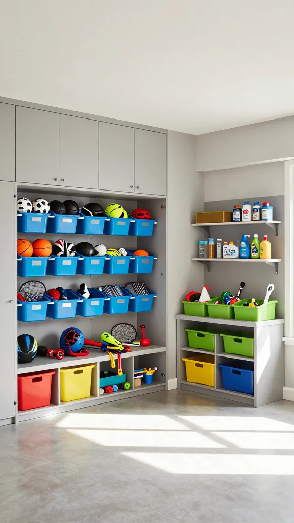 A high-quality, realistic photo of a meticulously organized multi-purpose garage transformed into a family hub. The space features clean neutral greige walls providing a serene backdrop. Tall, sleek utility cabinets with closed doors line one wall, expertly concealing various tools and less-used household items. Adjacent to this, a vibrant sports zone is clearly defined by wall-mounted racks holding neatly arranged sports equipment like balls, helmets, and rackets, all stored in bright blue bins with clear labels. Nearby, a gardening station showcases various supplies in distinct green-colored bins, neatly arranged on shelving. A corner area is thoughtfully designated as a kid-friendly zone, featuring a low, accessible storage unit with colorful, organized bins for toys and art supplies. The overall environment is bright, functional, and clutter-free, demonstrating seamless integration of garage tool organization with spaces for sports, gardening, and children's activities. Natural light streams in, highlighting the thoughtful design and efficient use of space. No text.