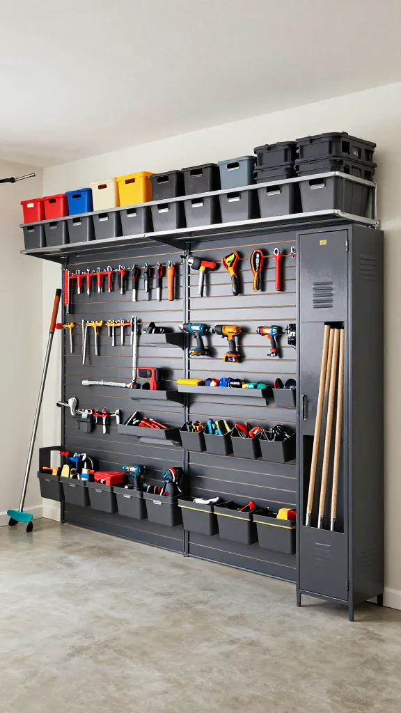 A high-quality, realistic photograph of a meticulously organized garage interior, showcasing a 'Vertical Victory System'. A full wall is covered with consistent dark gray slatwall panels, extending from floor to ceiling, meticulously organizing a variety of hand tools, power tools, and small parts in compatible hooks and bins. Above, heavy-duty overhead storage racks are mounted, holding uniformly colored storage bins and seasonal gear. Flanking the slatwall, a tall, narrow dark gray storage locker stands, perfectly housing long-handle garden tools. The surrounding garage walls are painted a clean, light neutral off-white, creating a bright and expansive atmosphere. Bright, even lighting highlights the efficiency and clean lines of the vertical organization. No text on image.