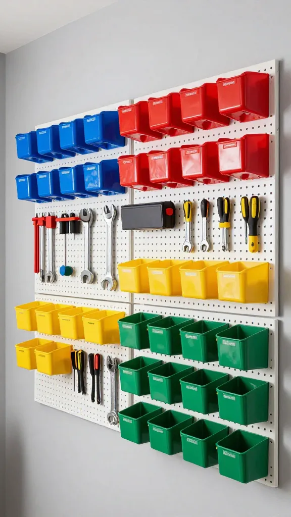 A high-resolution, professional photograph of a meticulously organized garage workshop wall, bathed in bright, even lighting. The background features clean, light gray painted walls and a large section of white pegboard. A dynamic and intuitive color-coding system is prominently displayed: brightly colored storage bins in distinct hues like electric blue, vivid red, sunny yellow, and forest green are neatly arranged on sturdy open shelving units. Each bin features a color-matched label clearly indicating its specific tool category (e.g., 'Electrical' on a red bin, 'Plumbing' on a blue bin). Sections of the pegboard are subtly painted with these same vibrant colors, creating designated zones where various hand tools, such as wrenches, screwdrivers, and pliers, are neatly hung and perfectly aligned within their respective color-coded areas. The arrangement is clean, functional, and visually appealing, emphasizing ease of access and return for every item. Sharp focus, realistic detail, no text on image.
