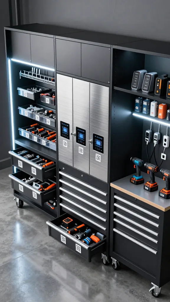 A high-angle, realistic, high-quality photo capturing a meticulously organized, high-tech garage tool storage system. The sleek design features predominantly black and brushed silver modular cabinets and wall panels, brilliantly illuminated by integrated, cool-toned LED strip lighting that casts a futuristic glow. Various hand tools and power tools are immaculately arranged in custom-fit drawers and clear, labeled containers, each prominently displaying crisp QR code labels for smart inventory management. A focal point is a section of secure, automated tool lockers or dispensers, crafted from brushed silver with subtle digital interfaces, seamlessly integrated into the black cabinetry. An adjacent workbench area features multiple integrated charging stations for power tool batteries and devices, with cables neatly managed. The concrete floor reflects the bright LED light, emphasizing the clean, hyper-efficient, and sophisticated atmosphere. No text on image.