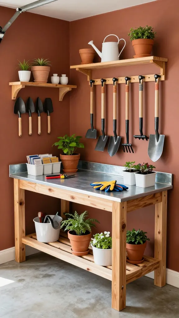 A high-quality, realistic photo of a dedicated 'Gardener's Grotto' corner within a well-organized garage. The prominent feature is a sturdy, natural wood potting bench with a durable, easy-to-clean galvanized steel surface, meticulously arranged with gardening tools like hand trowels, pruning shears, gloves, and neatly labeled seed packets in small white containers. The walls are painted in an inviting earthy terracotta, complemented by natural wood shelving above the bench, holding an assortment of terracotta pots, small white ceramic planters, and a stylish white watering can. Adjacent to the bench, a dedicated wall-mounted rack securely organizes long-handle gardening tools such as shovels, rakes, and hoes, all perfectly aligned. A few vibrant potted plants and seedlings add a touch of life and freshness. The clean concrete garage floor is visible, and soft natural light streams in, highlighting the practical and beautiful organization of the space. No text.