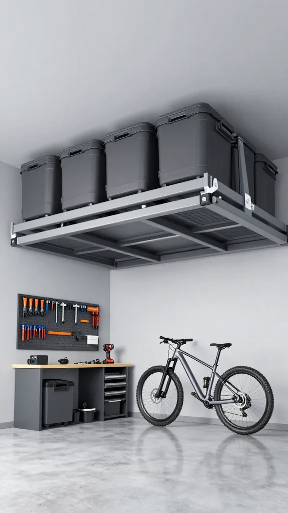 A high-angle, slightly wide-shot photograph looking up into a meticulously organized, modern garage. The ceiling and walls are painted a uniform, clean light gray. Prominently featured are heavy-duty overhead storage racks, seamlessly blending with the ceiling color, holding several large, uniformly colored charcoal gray storage bins. A sleek, motorized storage lift system is clearly visible, actively lowering a modern mountain bicycle towards the floor. Below the overhead system, a small section of a wall displays a perfectly organized pegboard with various hand tools and a clean workbench with a few power tools, emphasizing the garage's function and tool organization. The floor is pristine, polished concrete. Bright, even LED lighting illuminates the entire space, highlighting the clean lines and efficient design. Realistic, high-quality, no text.