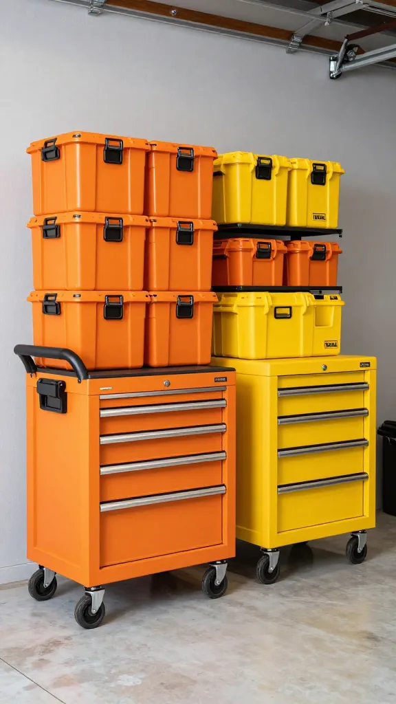 A vibrant, high-quality, realistic photograph showcasing a 'Portable Powerhouse' garage setup. The scene features a meticulously organized collection of bright orange and yellow rolling tool carts and multi-drawer cabinets, positioned in a dynamic workspace. Stacked on and alongside these mobile units are interlocking modular storage boxes, similar to DeWalt TSTAK, also in energetic orange and yellow. The garage walls are a clean, light gray, and the floor is a smooth, light-colored concrete, providing a neutral backdrop that emphasizes the colorful, portable storage solutions. The composition highlights flexibility and easy transport, with units appearing ready to be moved. The lighting is bright and even, creating a professional and inviting atmosphere. No text or people.