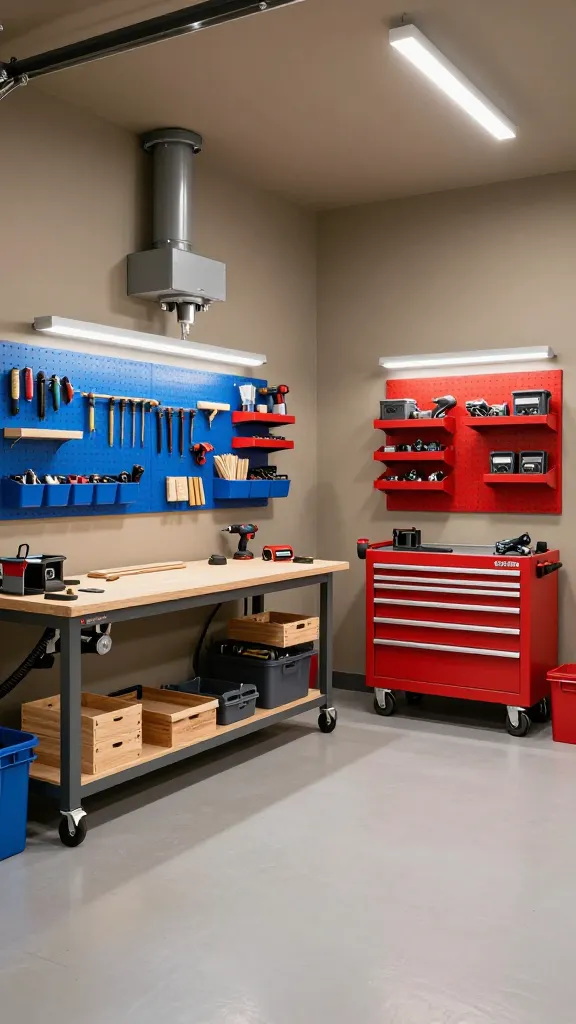 A high-resolution, professional photograph of a meticulously organized garage interior, transformed into a multi-functional 'Hobbyist's Haven.' The walls are painted a practical, medium-tone taupe. The space is clearly divided into dedicated zones, each highlighted with a distinct accent color. On the left, a robust woodworking zone features a heavy-duty workbench equipped with a visible dust collection system, its hoses neatly integrated. Woodworking hand tools and power tools are immaculately arranged on blue-accented pegboards and wall-mounted shelving units, with small parts organized in blue bins. To the right, an auto repair zone showcases a gleaming red rolling tool chest and specialized parts organizers filled with automotive components. Red accent panels or storage solutions define this area. The overall impression is one of efficiency, order, and passion, with ample functional LED lighting illuminating every detail. No text.