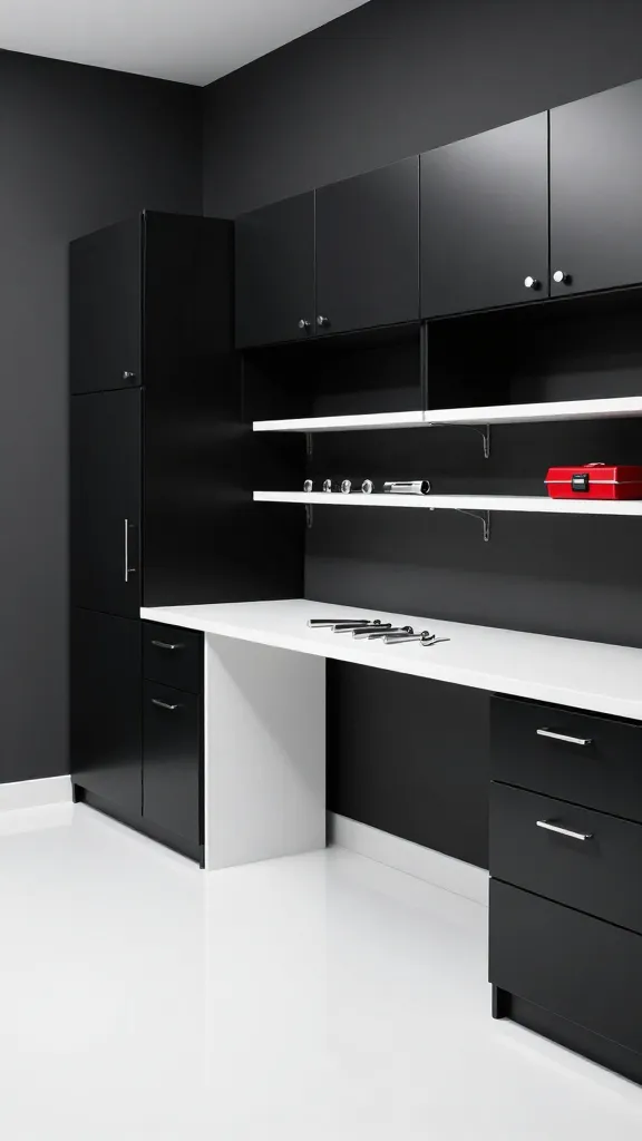 A high-resolution, professional photograph showcasing a modern and sophisticated garage interior, designed with a dramatic black and white high-contrast aesthetic. The space features sleek, floor-to-ceiling black metal cabinetry with polished chrome handles, set against deep charcoal grey walls that enhance the dark, chic atmosphere. The floor is a pristine, glossy white epoxy, reflecting the clean lines of the room. A prominent, stark white workbench with a thick, solid surface stands centrally, impeccably organized with a few neatly arranged silver hand tools. Above the workbench, open shelving with matte black brackets and crisp white shelves holds additional organized items, including a single, vibrant red toolbox providing a deliberate pop of color. The overall impression is sharp, functional, and undeniably stylish, with bright, even lighting illuminating the meticulous organization.