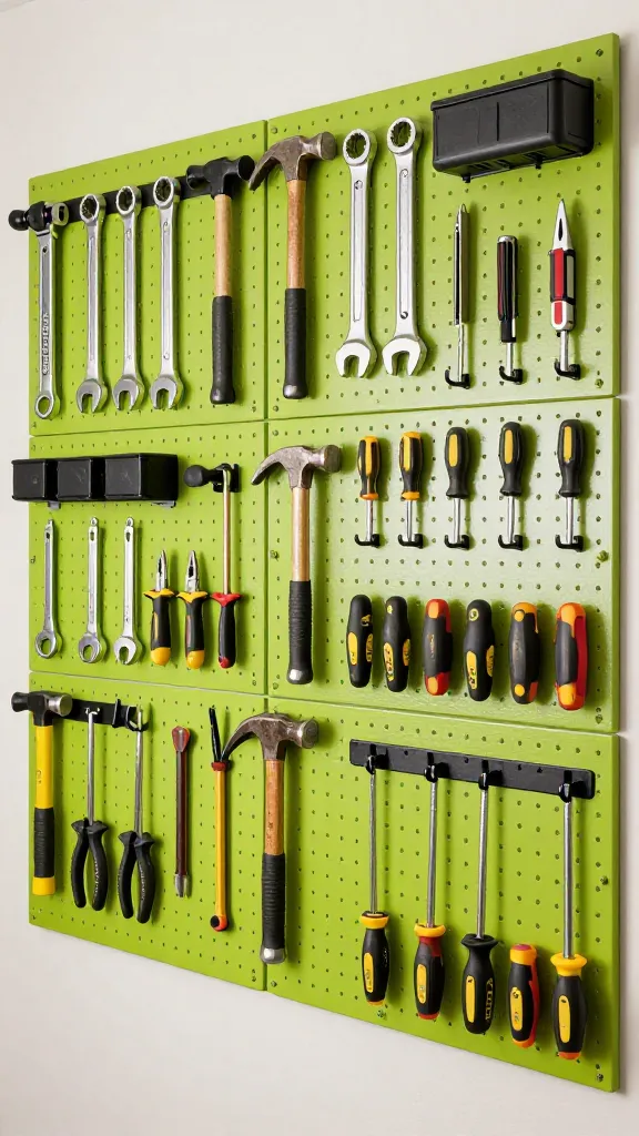 A high-quality, realistic photo of a meticulously organized garage tool wall. The entire wall is covered with vibrant lime green pegboard, creating an energizing and functional backdrop. A wide array of hand tools, including wrenches, hammers, screwdrivers, and pliers, are neatly hung on various hooks and holders, each positioned precisely. Distinct black outlines of the tools are clearly visible on the lime green pegboard behind where each tool rests, showcasing a 'shadow board' system. The scene is brightly lit, highlighting the clean organization and the dynamic color, with a medium, slightly wide-angle perspective to capture the expanse of this 'tool wall wonderland'. No text on image.
