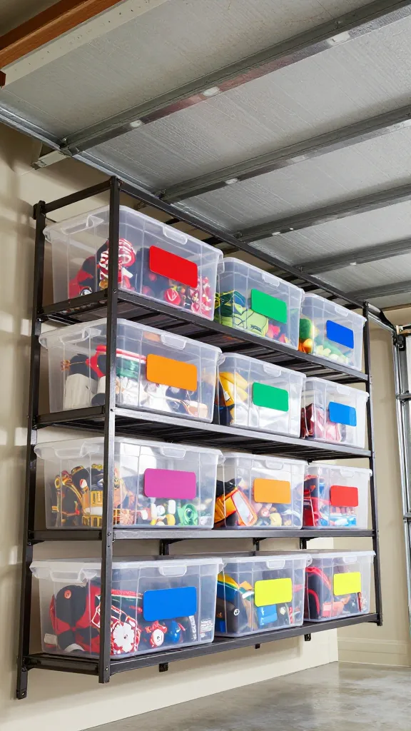 A high-quality, realistic photo from a slightly upward angle, showcasing a meticulously organized DIY garage overhead storage system. Sturdy, industrial-grade metal racks are securely mounted to the ceiling, holding an array of clear, stackable plastic storage bins. The bins are neatly arranged, revealing their contents like vibrant holiday decorations, camping equipment, and neatly packed seasonal items through the transparent plastic. Each bin is clearly marked with large, bold, and color-coded labels, emphasizing efficient organization. The surrounding garage space below is clean and well-lit, subtly reinforcing the theme of maximizing every inch of space. The overall image exudes functionality, order, and smart spatial utilization.