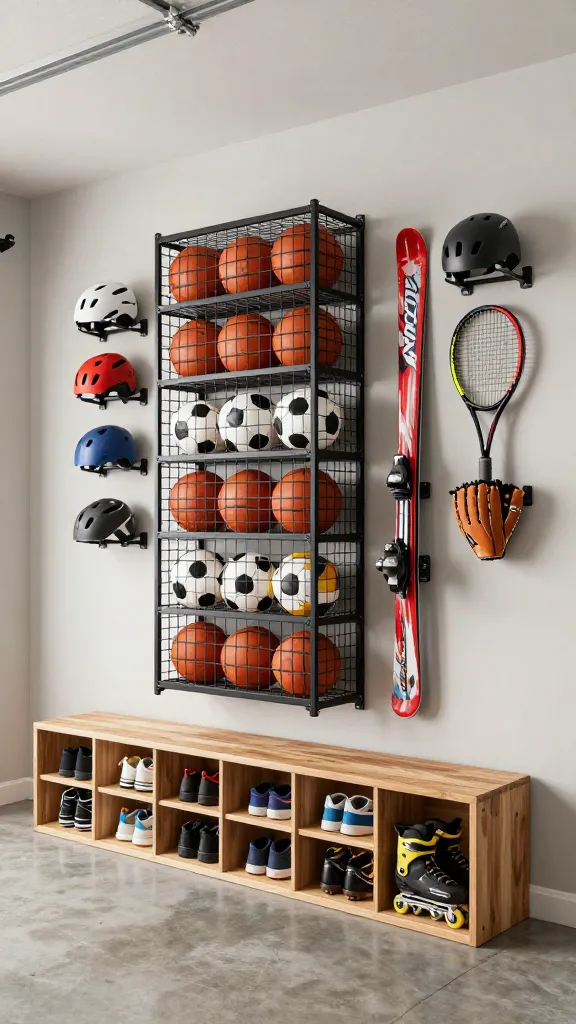 A high-quality, realistic photograph of a perfectly organized 'Sporting Goods Command Center' within a modern, well-lit garage. The focal point is a robust vertical storage system against a neutral garage wall. Prominently displayed are sturdy wire ball cages, neatly filled with basketballs, soccer balls, and volleyballs. Adjacent, vertical wall-mounted racks hold a pair of skis and a snowboard. Various wall-mounted hooks efficiently organize bike helmets, tennis rackets, and a baseball glove. Below this vertical arrangement, a compact wooden bench with integrated open cubbies rests on a clean concrete floor. The cubbies are neatly stocked with athletic shoes, cleats, and a pair of rollerblades. The space exudes functionality and readiness, emphasizing maximum utilization of garage space for an active family. Bright, even lighting. No people, no text.