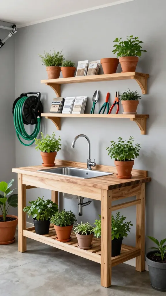 A high-quality, realistic photograph of a meticulously organized gardening station in a modern, well-lit garage. The focal point is a compact, DIY-style potting bench featuring a durable butcher block countertop with an integrated small utility sink and a sleek chrome faucet. Above the bench, a series of custom-built, open wooden shelves are neatly arranged, displaying an assortment of terracotta pots, clearly labeled seed packets, small hand tools like trowels and pruners, and gardening gloves. To the side, a wall-mounted black hose reel keeps a coiled green garden hose tidy. The walls are a clean, light gray, and the concrete floor is spotless. Several vibrant green potted herbs and small flowering plants are artfully placed on the bench and shelves, adding a touch of natural beauty. The scene is bathed in soft, natural light, creating a serene and functional 'gardening guru's corner' that feels like a personal oasis. No text.