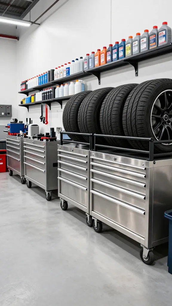 A high-quality, realistic photograph capturing an immaculately organized automotive enthusiast's garage bay, optimized for efficient car maintenance and detailing. The perspective is eye-level, showcasing the full depth of the meticulously arranged space. Dominating the scene are several heavy-duty, rolling tool chests, crafted from brushed stainless steel, their numerous drawers neatly closed, indicating a place for every tool. Above a pristine, polished concrete floor, a dedicated black powder-coated metal tire rack securely holds a set of four performance tires, perfectly aligned and elevated off the ground. Along the brightly lit industrial-style wall, sturdy wall-mounted shelving units display an array of automotive fluids, waxes, and cleaning supplies, all uniformly arranged in their original, clean containers, demonstrating safety and accessibility. The garage bay is bathed in bright, even overhead LED lighting, highlighting the precision, cleanliness, and functionality of this ultimate DIY pit stop. No text on image.