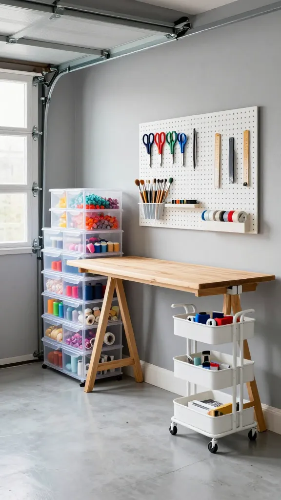 A bright, realistic, eye-level photo of a meticulously organized section of a modern garage transformed into a crafting haven. In the foreground, a light-toned wooden fold-down workbench is partially extended from a clean, light-grey painted garage wall, showcasing its sturdy design and smooth finish. Above the workbench, a white pegboard system neatly displays various crafting tools like scissors, paintbrushes, small rulers, and rolls of tape, all perfectly aligned. To the left of the workbench, a stack of clear, multi-drawer plastic storage units is prominently featured, filled with vibrant crafting supplies such as colorful beads, spools of thread, and neatly arranged paint tubes, all clearly visible through the transparent drawers. A compact, white rolling craft cart, holding a current project and frequently used items, sits beside the workbench. The garage floor is clean, light-grey epoxy-coated concrete, reflecting ambient light. Soft, natural light streams in from an unseen window or slightly open garage door in the background, illuminating the space and highlighting the extreme organization and inviting atmosphere. The overall scene emphasizes functionality, inspiration, and efficient use of every inch of space within a well-maintained garage environment. No text on image.