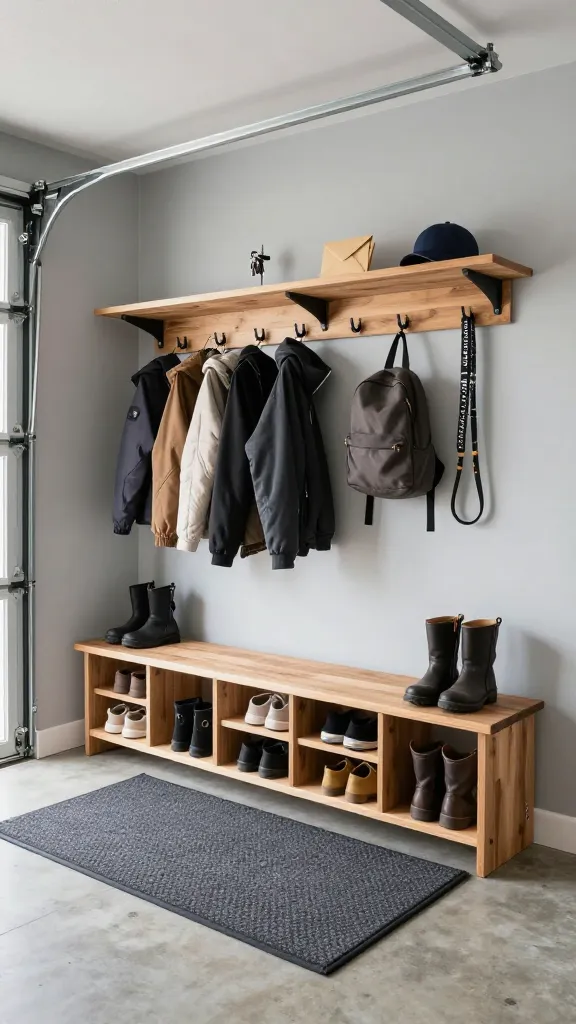 A realistic, high-resolution photograph, captured with a slightly wide-angle lens, showcasing a meticulously organized and functional mudroom area situated immediately inside a well-maintained garage entry. The focal point is a sturdy, simple wooden bench featuring built-in cubbies underneath, neatly storing a variety of everyday shoes and boots. Above the bench, a row of robust black metal hooks holds a practical assortment of jackets, a small backpack, and a dog leash. A minimalist floating wooden shelf is mounted just above the hooks, displaying a small key holder, a couple of envelopes, and a baseball cap. A durable, easy-to-clean charcoal grey textured rug lies on the concrete floor in front of the bench, adding a practical touch. The garage walls are painted a clean, light greige, and the space is brightly illuminated by natural light entering from an unseen garage door or window, emphasizing the clean, organized, and welcoming buffer zone. The image conveys a sense of efficient DIY organization and practical home improvement. No text on image.