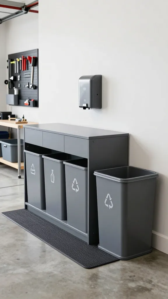 A realistic, high-quality eye-level photo showcasing a meticulously organized recycling and trash tidy zone within a modern, well-lit garage. The central feature is a sleek, custom-built cabinet unit in a matte charcoal gray finish, integrated seamlessly into the garage wall system. It displays three distinct pull-out bins, each subtly marked with a universal icon (no text) for paper, plastic, and glass recycling. Next to this unit stands a larger, matching freestanding bin designated for general trash. Above the recycling cabinet, a minimalist, wall-mounted bag dispenser is conveniently installed. A dark, easy-to-clean rubber mat is precisely placed underneath the entire system to catch any drips. The background reveals other elements of a highly organized garage, such as a clean concrete floor, a section of a pegboard with neatly arranged tools, and clear storage bins on shelves, all contributing to an overall sense of efficiency and tidiness. Bright, even lighting illuminates the functional design. No text on images.