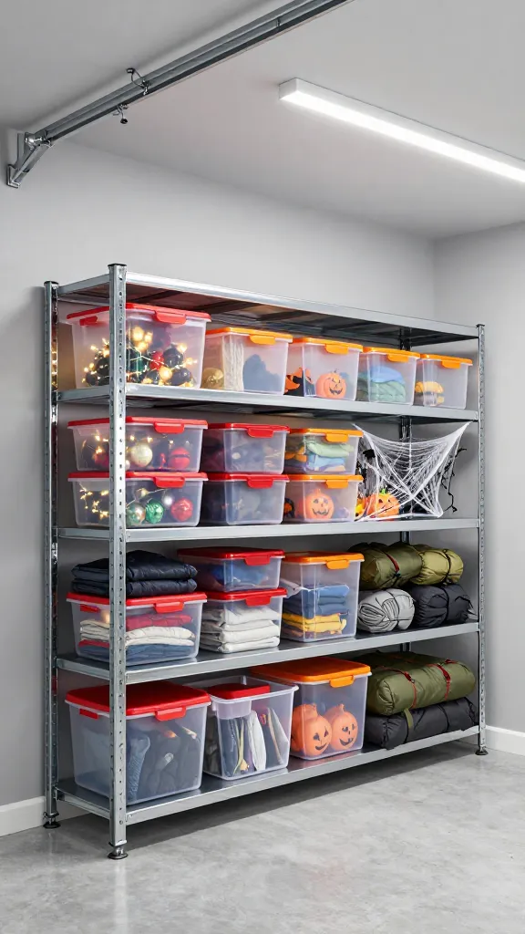 A high-angle, realistic photo capturing a meticulously organized section of a modern garage dedicated to seasonal storage. The focal point is a sturdy, industrial-style adjustable metal shelving unit, reaching almost to the ceiling, against a clean, light gray wall. On the shelves, numerous clear, stackable plastic bins are neatly arranged. A prominent row features bins with red lids or red accents, clearly containing festive Christmas decorations like string lights and ornaments. Adjacent to them are bins with orange lids or orange accents, revealing Halloween decor such as faux cobwebs and small pumpkin figures. Other clear bins hold neatly folded seasonal clothing and compact camping gear like a rolled sleeping bag. The garage floor is clean concrete, and soft, practical overhead LED lighting illuminates the space, highlighting the efficient organization. The scene emphasizes accessibility and a DIY-achieved system, with no clutter visible.